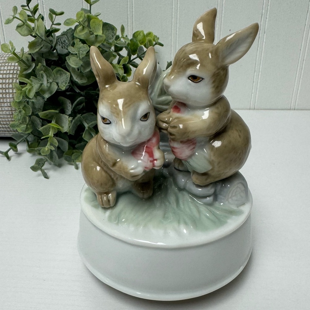 Porcelain Bunny Rabbit Figurine Musical/Rotating  Box